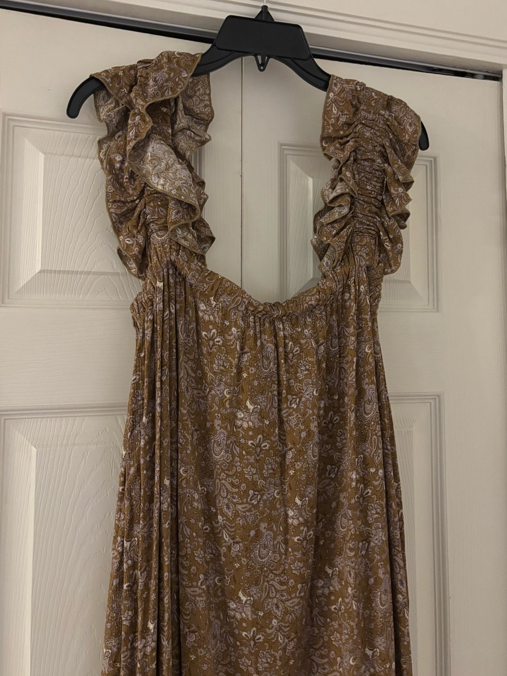 NWT STORY MFG Brown and Gold Ruffled Strap Paisley Maxi Dress - Picture 12 of 12